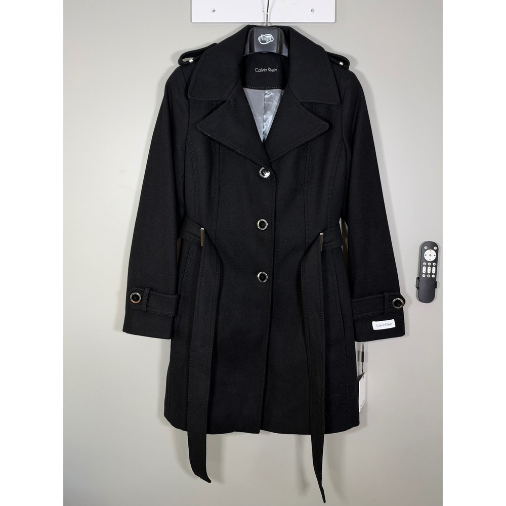 NWT Calvin Klein Trench Coat Women Size M Black Belted Wool Blend CW585362
